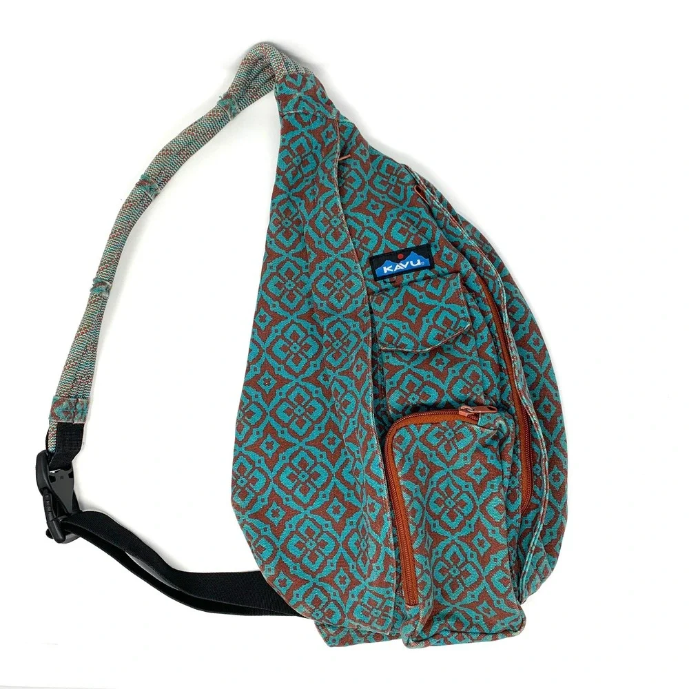 KAVU Rope Sling Bag Crossbody Desert Mosaic Brown Teal Hiking Camping NICE